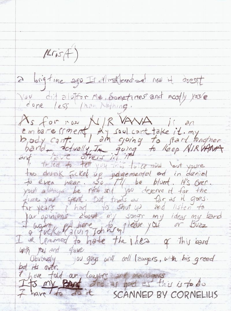 Письмо Курта Кобейна Кристу Новоселичу, написанное в марте 1994 года, о желании распустить группу NIRVANA. 